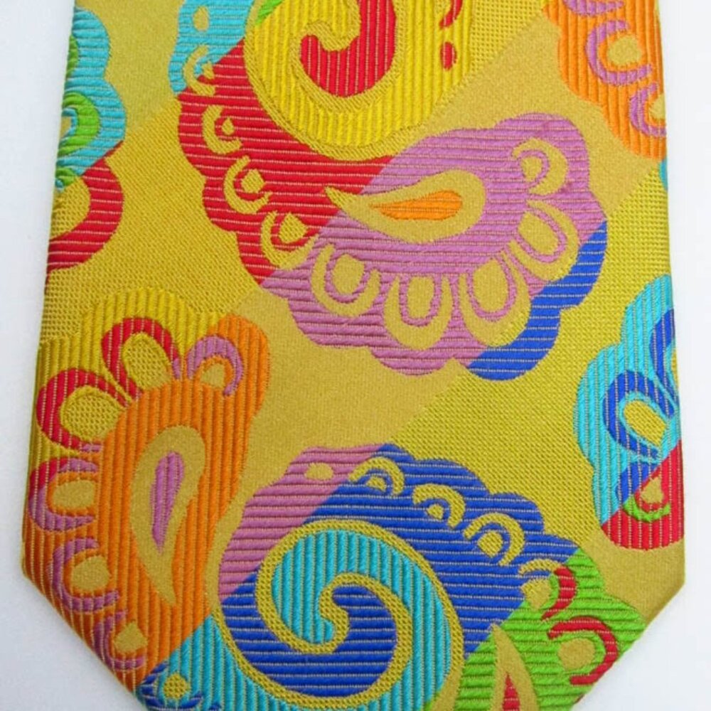 Stunning Lawrence Ivey Hand Sewn Yellow With Huge Colorful Paisley Long Silk Tie